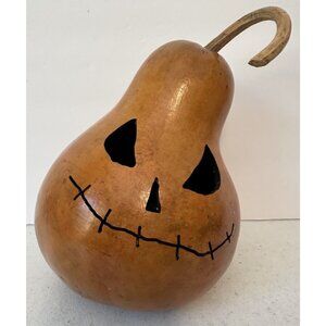 Handmade 7" carved Halloween gourd jack-o-lantern pumpkin signed folk art rustic